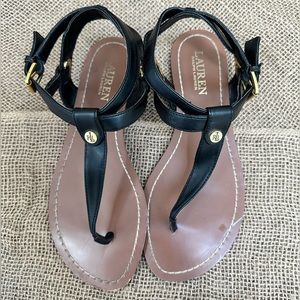 LAUREN Ralph Lauren Black Ankle Wrap Thong Sandal With Gold Buckles
